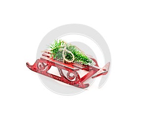 Christmas tree on toy sled. Christmas holiday celebration concept