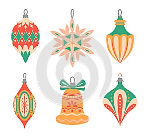 Christmas tree toys. Holiday decoration for xmas fir tree of different shapes as snowflake, bell. Winter traditional