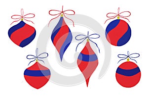 Christmas tree toys. Set of bright red with blue New Year`s toys on a Christmas tree isolated on a white background