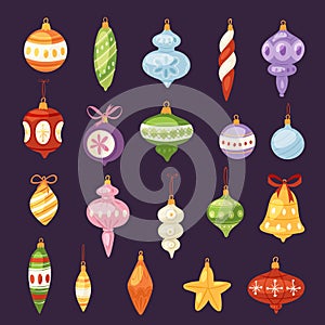 Christmas tree toys vector decorations balls, circle, stars, bells for decorate New Year Xmas tree brances illustration