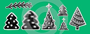 Christmas tree trendy halftone icons, collage of vintage 90s style of paper magazine clippings