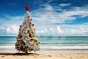 Christmas tree on tropical beach with ocean view
