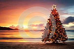 Christmas tree on tropical beach with ocean view at sunset