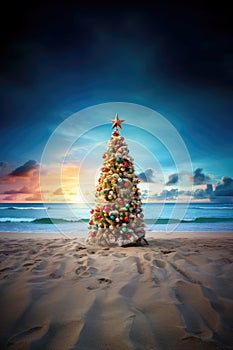 Christmas tree on tropical beach with ocean view at sunset