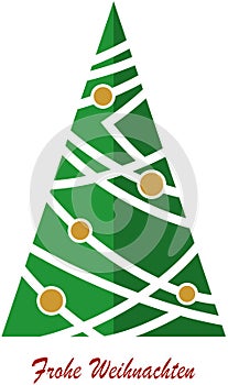 Christmas tree vector with gold baubles and German greetings on white background.