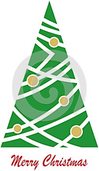 Christmas tree vector with gold baubles and merry Christmas greetings on white background.