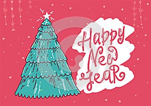 Christmas tree a vector illustration, a minimalistic New Year Card made of hand draw, craft and linoprint elements