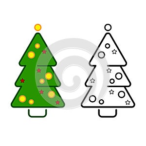 Christmas tree, vector line icons on a white background, coloring