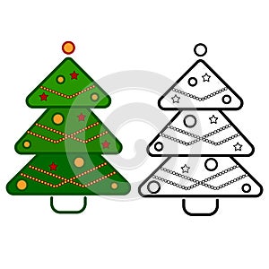 Christmas tree, vector line icons on a white background, coloring