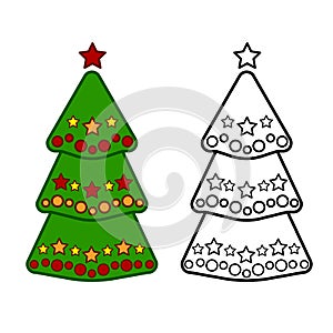 Christmas tree, vector line icons on a white background, coloring