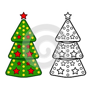 Christmas tree, vector line icons on a white background, coloring