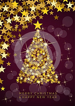 Christmas tree, vector postcard or greeting.  Golden stars, wealth and prosperity concept