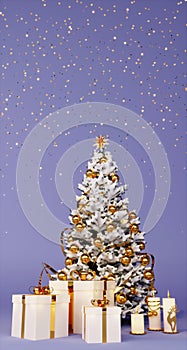 3d render of Christmas tree, white gift boxes, candles and gold stars on blue background.