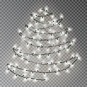 Christmas tree of white lights string. Transparent effect decoration isolated on dark background. Re