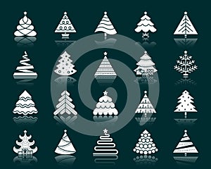 Christmas Tree white silhouette icons vector set