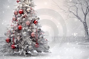 christmas tree with white snow and decorations, red and silver balls promo banner Merry Christmas Card Poster Happy New Year Xmas