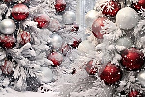 christmas tree with white snow and decorations, red and silver balls promo banner Merry Christmas Card Poster Happy New Year Xmas