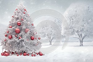 christmas tree with white snow and decorations, red and silver balls promo banner Merry Christmas Card Poster Happy New Year Xmas