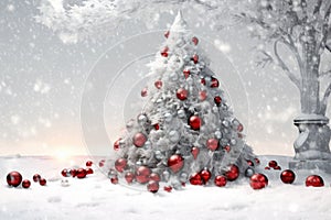 christmas tree with white snow and decorations, red and silver balls promo banner Merry Christmas Card Poster Happy New Year Xmas