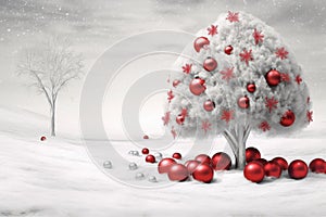 christmas tree with white snow and decorations, red and silver balls promo banner Merry Christmas Card Poster Happy New Year Xmas