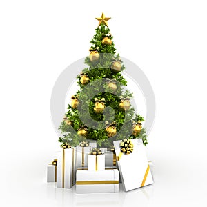 Christmas tree winh gold decor isolated on white background