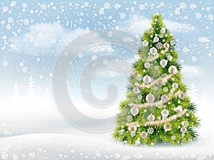 Christmas tree on the winter background.