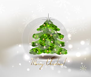 Christmas tree on winter background, chrismas balls, stars and snowflakes with text.