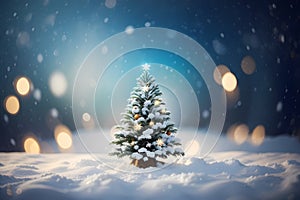 Christmas tree winter background with snow and blurred bokeh