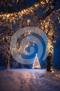 Christmas tree in a winter forest, decorated with garlands and lights, snow covered road, beautiful nature at sunset