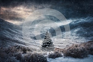 Christmas tree in a winter forest, snow covered mountains, overcast, hard and beautiful nature,dark dramatic sky