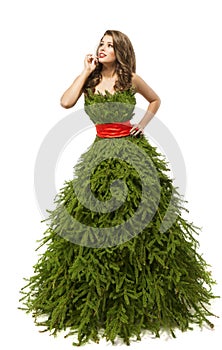 Christmas Tree Woman Dress, Fashion Model in Creative Xmas Gown