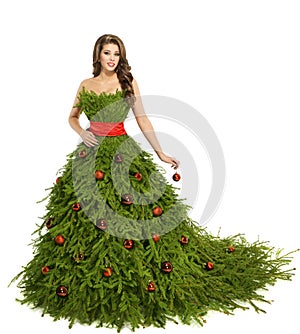 Christmas Tree Woman Dress, Fashion Model on White, Xmas Girl