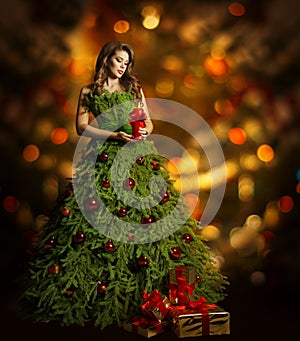 Christmas Tree Woman Fashion Dress, Model Girl, Xmas Lights