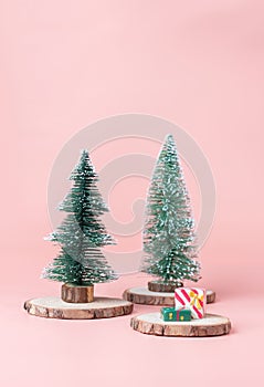 Christmas tree on wood log slice with present box on pastel pink