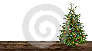 Christmas tree on wooden floor with pure white background
