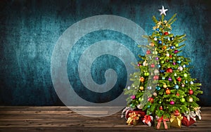 Christmas tree on wooden floor with teal background