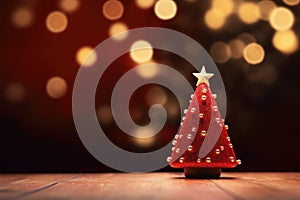 Christmas tree on wooden table with bokeh background. Christmas greeting card, Christmas tree with ornament and bokeh lights in a