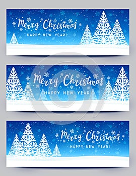 Christmas trees on blue starry background - set of vector horizontal panoramic banners for holiday design