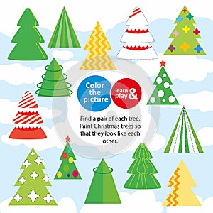 Christmas trees children game. Color the picture. Paint missing elements in Christmas trees. Training for eyes and