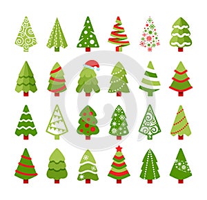 Christmas trees color flat vector icons set