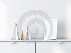 Christmas trees decor with White photo frame Mockup on bureau