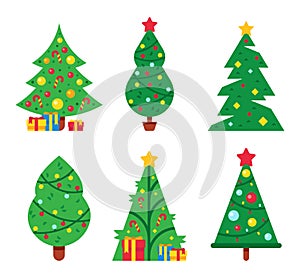 Christmas trees decorated with lights garlands and star on top. Cartoon xmas and new year fir trees with gift boxes