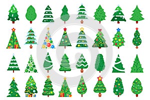 Christmas trees. Decorated New Year tree, green spruce and gift box under xmas tree flat vector illustration set