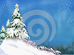 Christmas trees and decoration light on snow with blurred of tree in blue sky