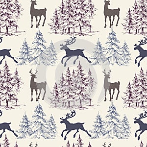 Christmas trees and deers seamless pattern