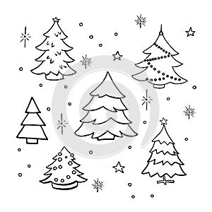 Christmas trees doodle set. Collection of hand drawn decorated christmas trees. Vector illustration. Isolated on white.