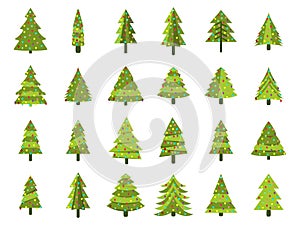 Christmas trees in a flat style. Decorated Christmas Tree. Fir trees isolated