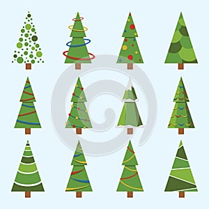 Christmas trees icon set isolated snow. Pine tree New Year decoration. Vector illustration.