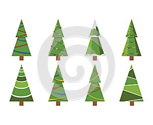 Christmas trees icon set isolated snow. Pine tree New Year decoration. Vector illustration.