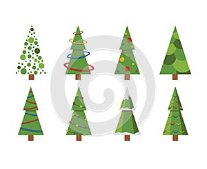 Christmas trees icon set isolated snow. Pine tree New Year decoration. Vector illustration.